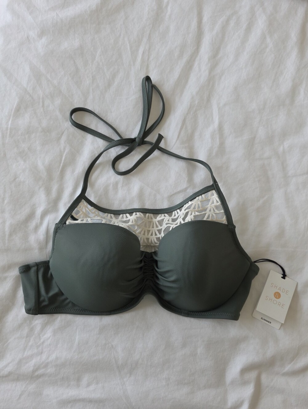 Shade & Shore Olive Green Halter Bikini Top with White Crochet